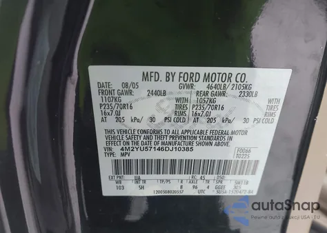 2006 Mercury Mariner Luxury/Premier from USA, damaged, VIN 4M2YU57146DJ10385